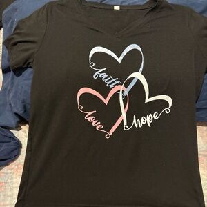 Women’s V-neck T-shirt with the words, faith love and hope.